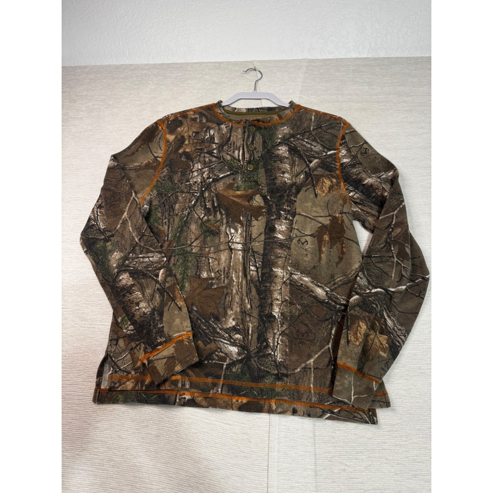 Realtree Mens Camo Waffle Knit Henley Shirt Orange Stitching Medium